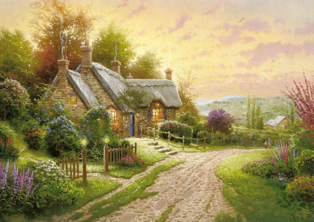 Cottage pathway gate painting scenery free wallpaper for desktop - medium preview image