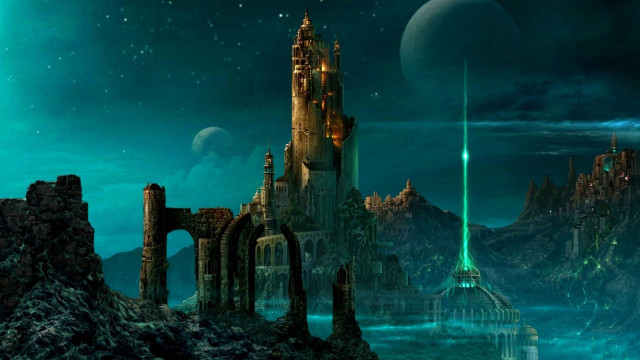 Fantasy castle green light distant free wallpaper for desktop - medium preview image