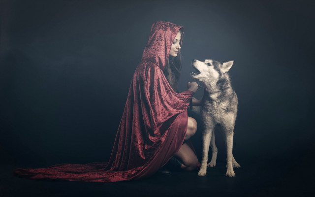 Woman red dress dog hood free wallpaper for desktop - medium preview image