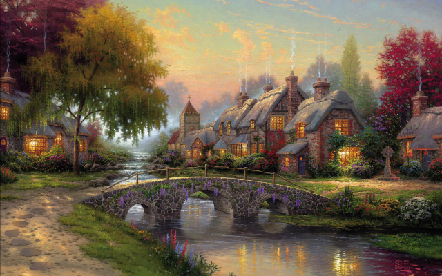 Village bridge river house painting free wallpaper for desktop - medium preview image