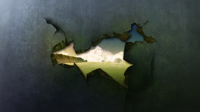 Broken wall hole window green free wallpaper for desktop - medium preview image