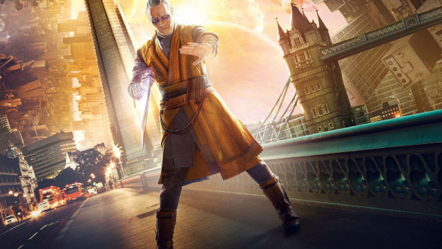 Yellow coat dancing cityscape clocktower free wallpaper for desktop - medium preview image