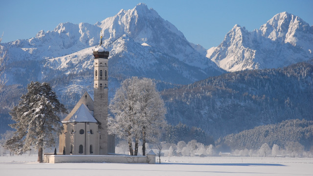 Church snowyfield mountains romanescematte bridge free wallpaper for desktop - medium preview image