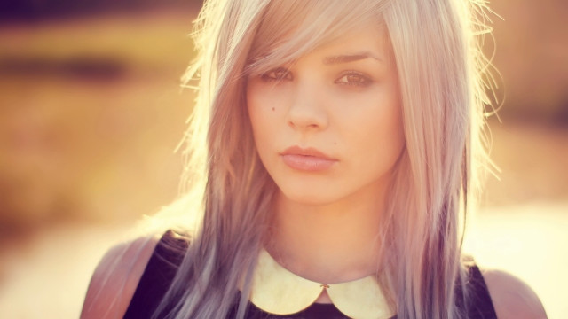 Blonde woman collared shirt photorealistic free wallpaper for desktop - medium preview image