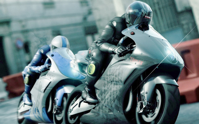 Man motorcycle city red fence free wallpaper for desktop - medium preview image