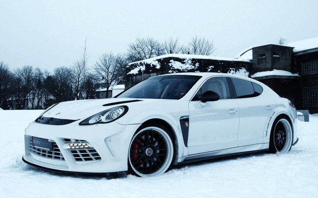 White sports car snow house free wallpaper for desktop - medium preview image