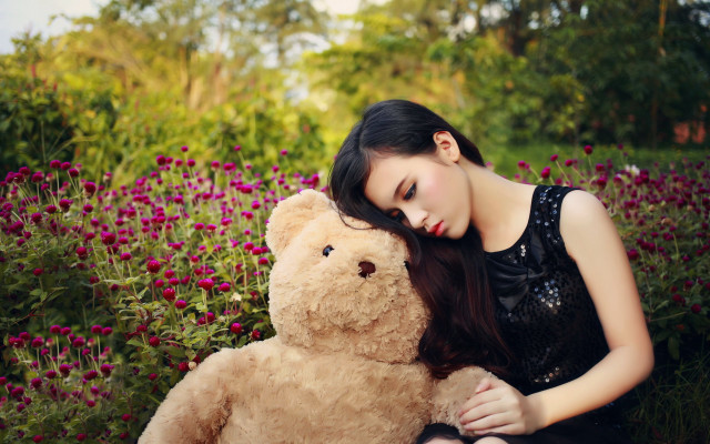 Woman flower field teddy bear free wallpaper for desktop - medium preview image