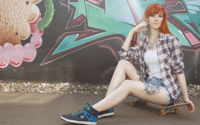 Red haired woman skateboard graffiti free wallpaper for desktop - medium preview image