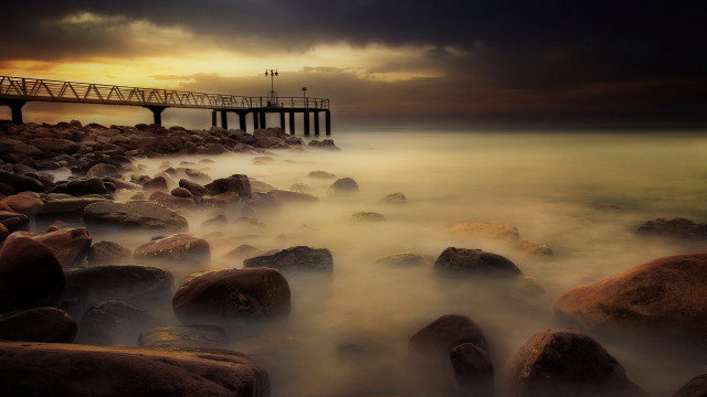 Pier sunset ocean rocks matte free wallpaper for desktop - medium preview image