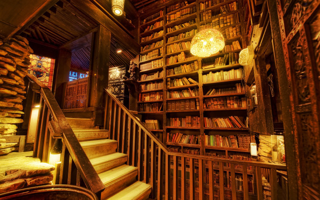 Magical library staircase bookshelf lamp free wallpaper for desktop - medium preview image