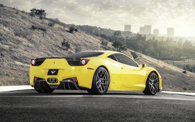 Yellow sports car hill city free wallpaper for desktop - medium preview image