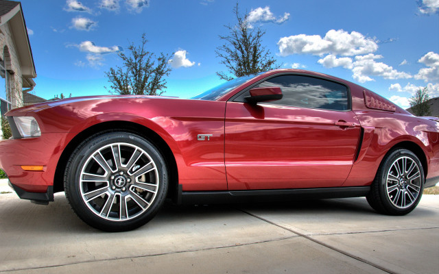 Red mustang driveway house trees free wallpaper for desktop - medium preview image