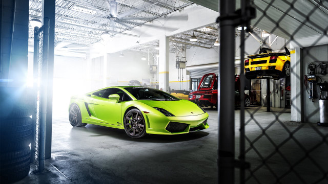 Green sports car garage yellow free wallpaper for desktop - medium preview image