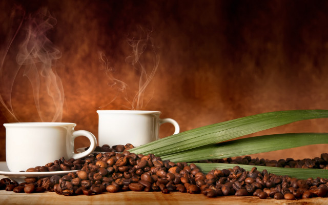Coffee cups beans leaves digital free wallpaper for desktop - medium preview image