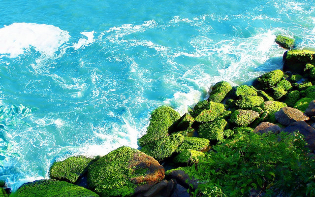 Rocky shore moss waterwave sky free wallpaper for desktop - medium preview image