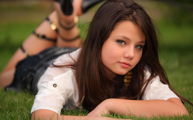 Girl grass cosplay camera laying free wallpaper for desktop - medium preview image