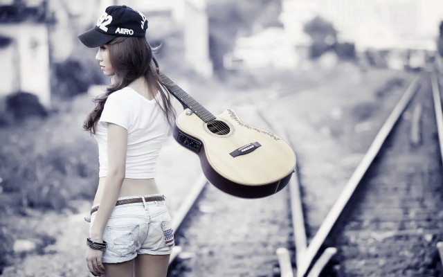 Woman guitar traintrack hat portrait free wallpaper for desktop - medium preview image