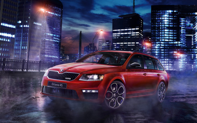 Red car night city fog free wallpaper for desktop - medium preview image
