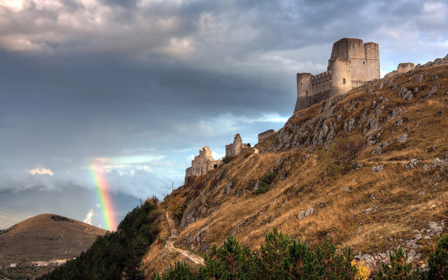 Rainbow castle hillscape medieval matte free wallpaper for desktop - medium preview image