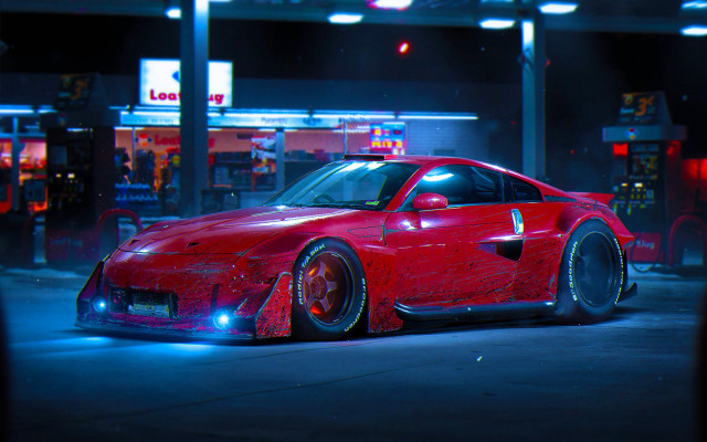 Red sports car neon lights free wallpaper for desktop - medium preview image