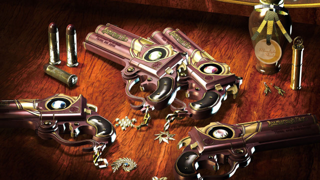 Guns alcohol clock detailed photorealism free wallpaper for desktop - medium preview image