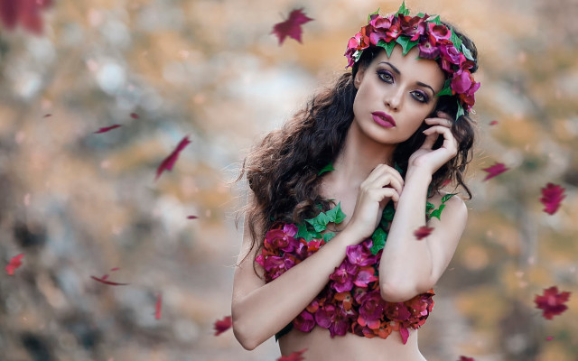 Woman flowerdress cellphone leaves flowers free wallpaper for desktop - medium preview image