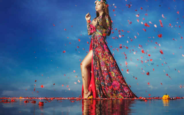 Woman dress water petals blue free wallpaper for desktop - medium preview image