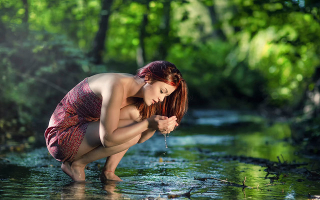 Woman river flower forest photorealistic free wallpaper for desktop - medium preview image