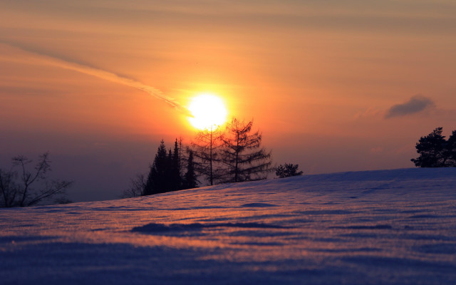 Sunset snowy hill trees clouds free wallpaper for desktop - medium preview image