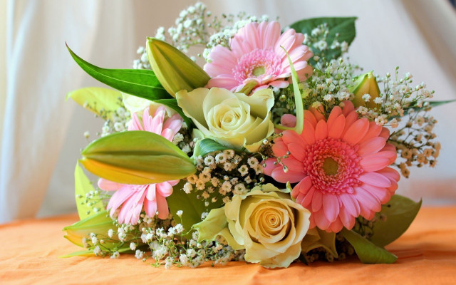 Bouquet flowers table white curtain free wallpaper for desktop - medium preview image