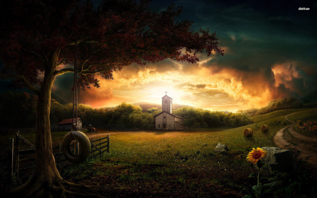 Church field tree barn sunset free wallpaper for desktop - medium preview image