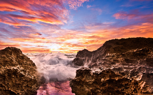 Sunset water rocks pink sky free wallpaper for desktop - medium preview image