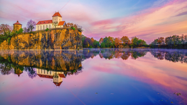 Small church island lake sunset free wallpaper for desktop - medium preview image