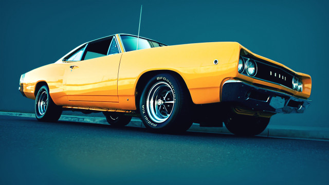 Yellow muscle car road blue free wallpaper for desktop - medium preview image