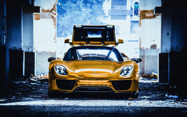 Yellow sports car garage broken free wallpaper for desktop - medium preview image