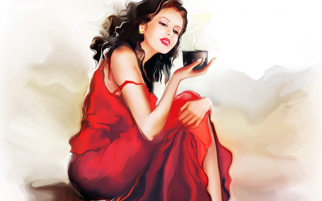 Woman red dress coffee phone free wallpaper for desktop - medium preview image