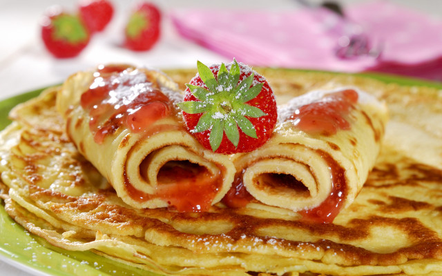 Pancakes strawberry layered food photorealism free wallpaper for desktop - medium preview image