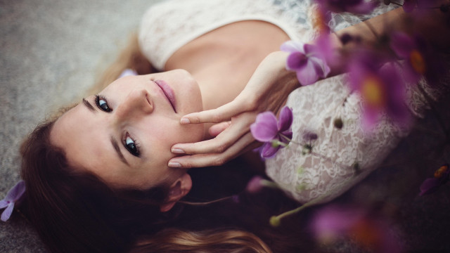 Woman purpleflowers hair butterfly portrait free wallpaper for desktop - medium preview image