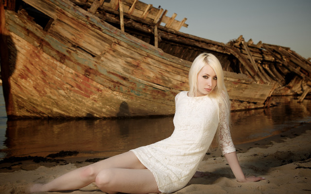 Beach woman boat gothic photorealistic free wallpaper for desktop - medium preview image