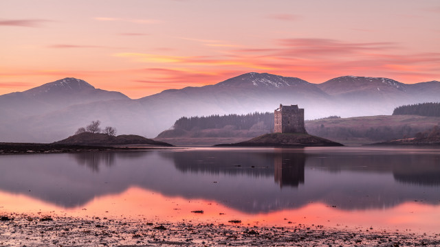 Castle island lake mountains sunset free wallpaper for desktop - medium preview image