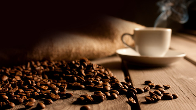 Coffee cup wooden table beans free wallpaper for desktop - medium preview image
