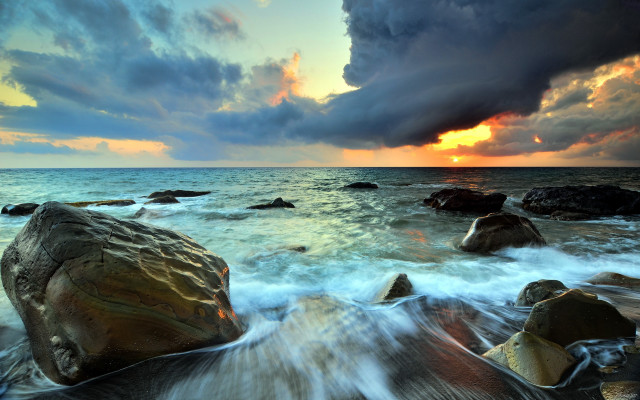 Large rock beach sunset cloudy free wallpaper for desktop - medium preview image