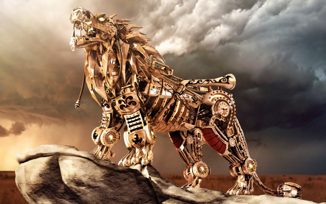 Golden lion statue steampunk sunset free wallpaper for desktop - medium preview image