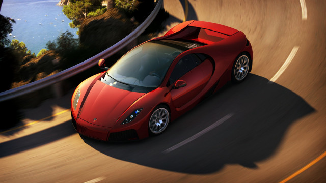Red sports car lake bridge free wallpaper for desktop - medium preview image