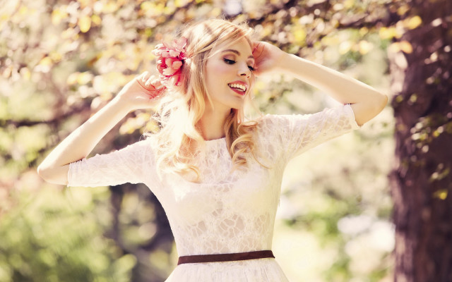 Woman white dress smiling park free wallpaper for desktop - medium preview image