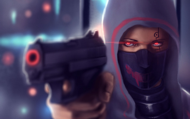 Hood gun red eye cyberpunk free wallpaper for desktop - medium preview image
