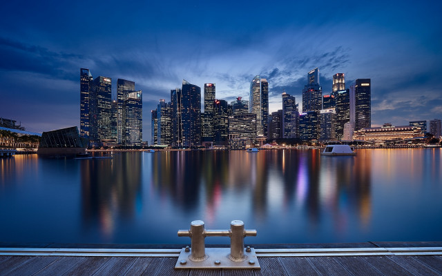 City skyline reflection dock night free wallpaper for desktop - medium preview image