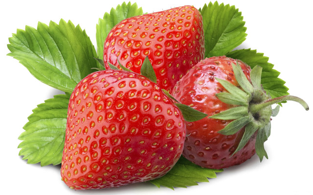 Three strawberries green leaves white free wallpaper for desktop - medium preview image