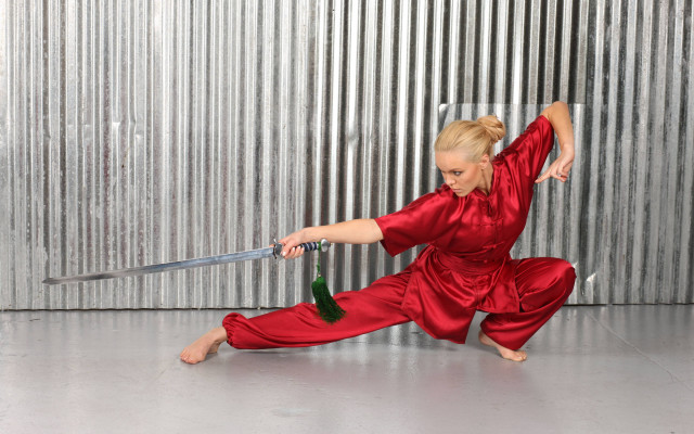 Woman red outfit sword wine free wallpaper for desktop - medium preview image