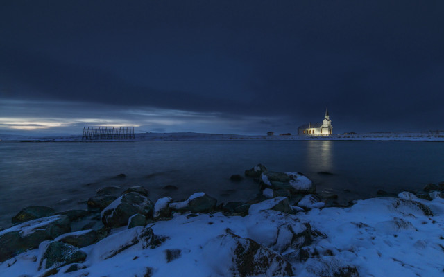 Lighthouse snowy shore night dark free wallpaper for desktop - medium preview image